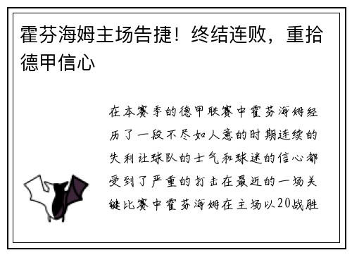 霍芬海姆主场告捷！终结连败，重拾德甲信心